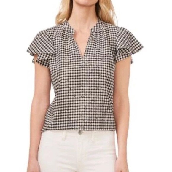CeCe NEW Black White Gingham Flutter Short Sleeve V Neck Top Size Medium - Picture 1 of 14
